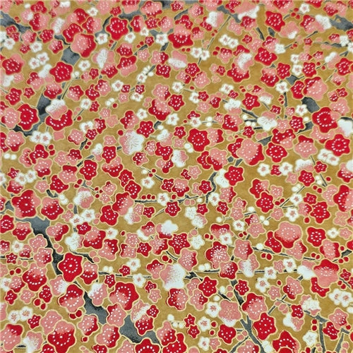 Chiyogami Paper - A4, Red & White Blossoms on Tan Background