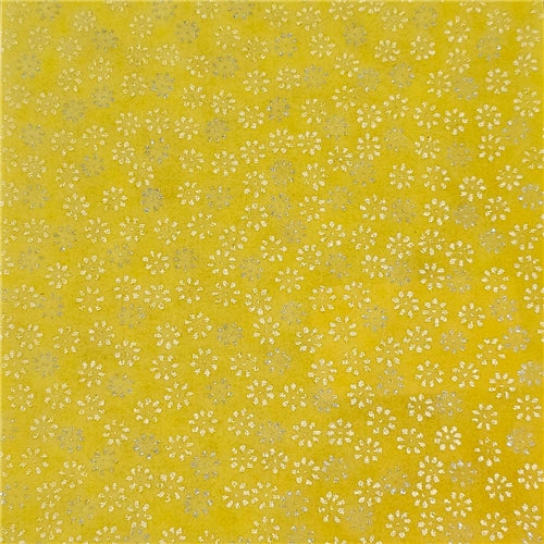Chiyogami Paper - A4, Small Gold/Silver Flowers on Yellow Background