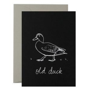 Me & Amber Birthday Card - Sketchy Old Duck, White Ink on Black