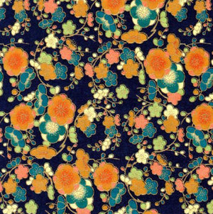 Chiyogami Paper - A4, Blue and Orange Flowers on Navy Background