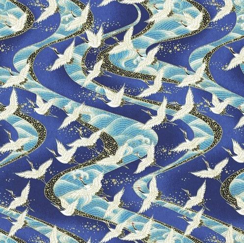 Chiyogami Paper - A4, White Cranes on Blue Ribbon