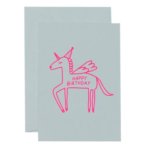 Me & Amber Birthday Card - Flying Unicorn, Neon Pink Ink on White