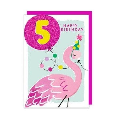 Rosanna Rossi Greeting Card - 5th Birthday, Flamingo