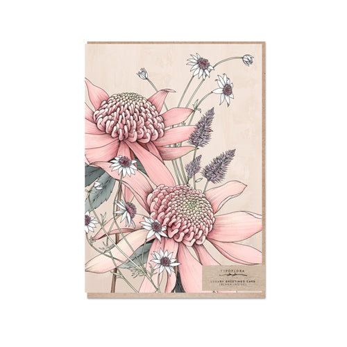 Typoflora Greeting Card - Floral Portrait, Pink Waratah