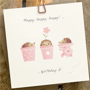 Ginger Betty Birthday Card - Hedgehogs in Flower Pots