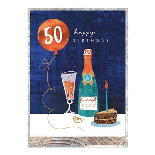Cinnamon Aitch Birthday Card - "Cobalt Series", 50th Champagne & Cake