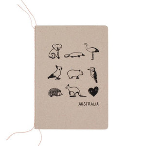 Me & Amber Sewn Bound Notebook - A5, Blank, Australian Animals, Black Ink on Kraft