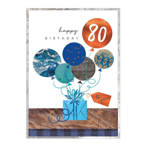 Cinnamon Aitch Birthday Card - "Cobalt Series", 80th Balloons