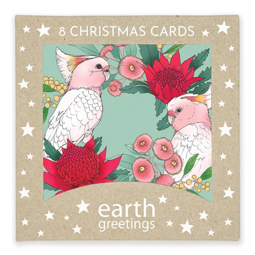 Earth Greetings Earth Greetings Boxed Christmas Cards - Pink Cockatoo Wreath