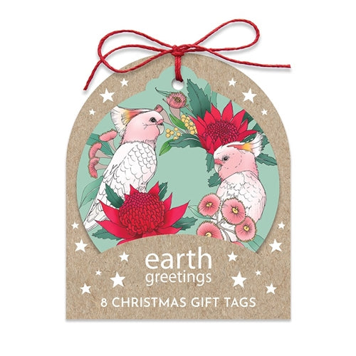 Earth Greetings Earth Greetings Christmas Gift Tags - Pink Cockatoo Wreath, Pack of 8