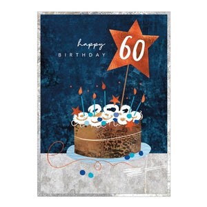 Cinnamon Aitch Birthday Card - "Cobalt Series", 60th Cake