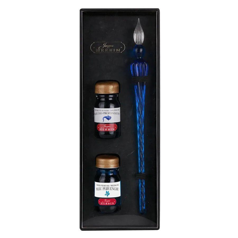 Herbin Herbin Glass Calligraphy Set - Blue Dip Pen, 2 Inks