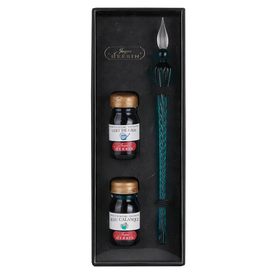 Herbin Herbin Glass Calligraphy Set - Green Dip Pen, 2 Inks