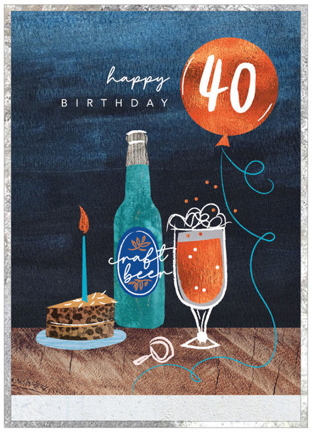 Cinnamon Aitch Birthday Card - "Cobalt Series", 40th Beer & Cake