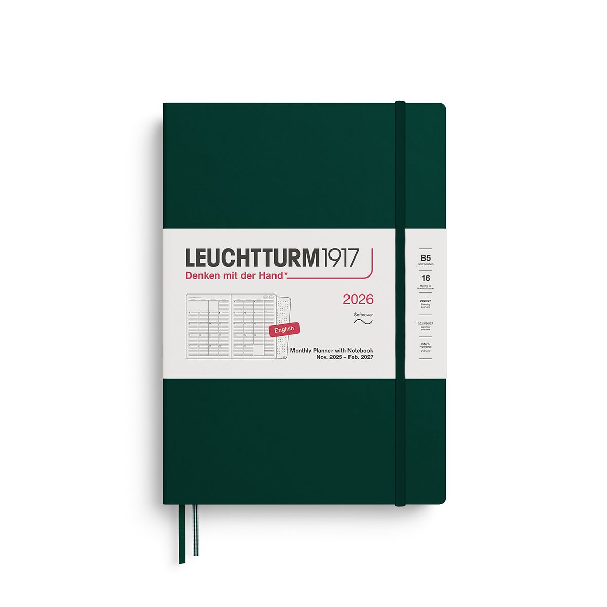 Leuchtturm1917 2026 Leuchtturm 16-Month Monthly Planner + Notebook - B5+, Softcover, Forest Green