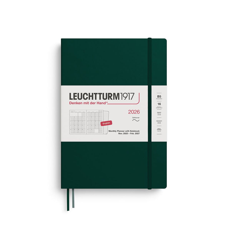 Leuchtturm1917 2026 Leuchtturm 16-Month Monthly Planner + Notebook - B5+, Softcover, Forest Green