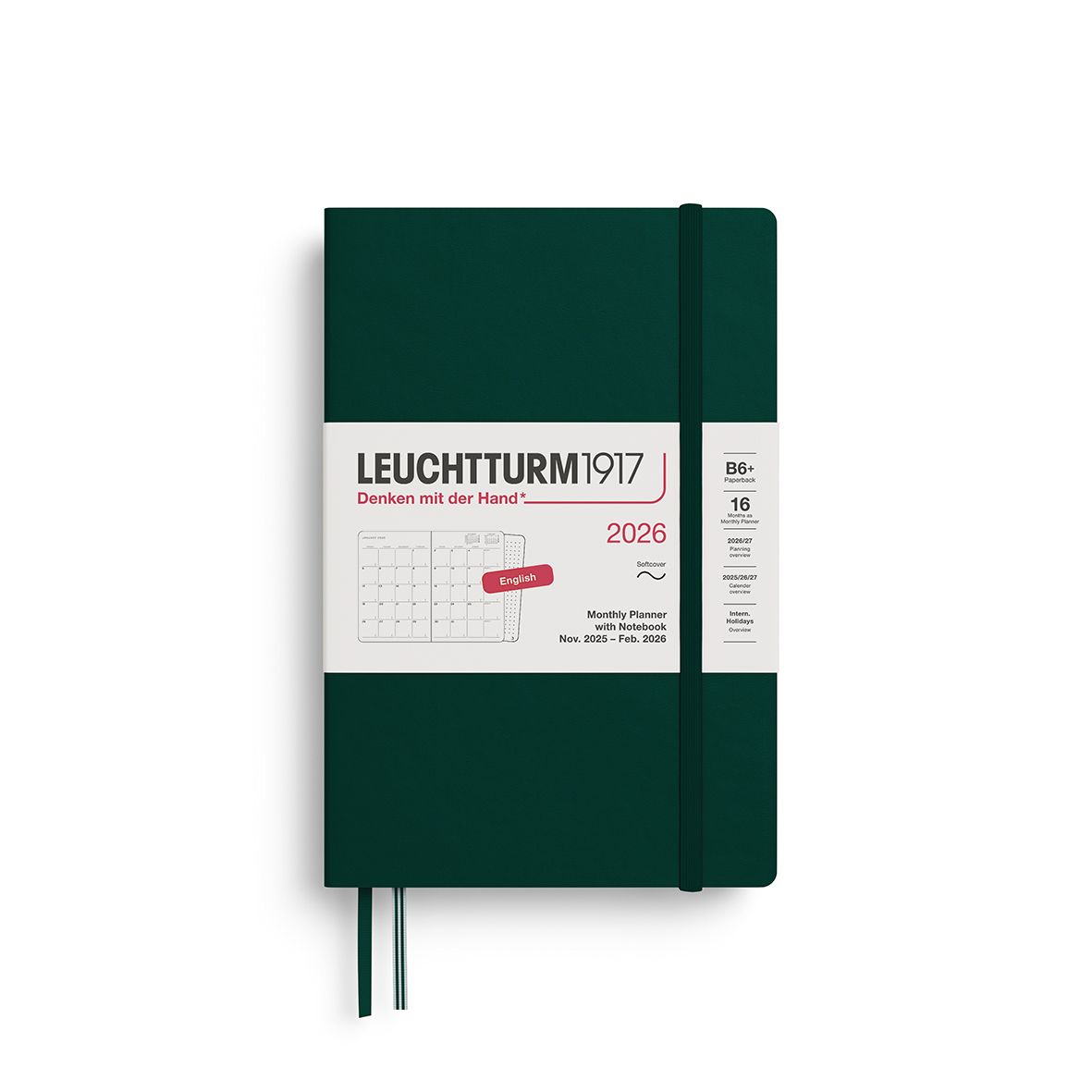 Leuchtturm1917 2026 Leuchtturm 16-Months Monthly Planner + Notebook - B6+, Softcover, Forest Green