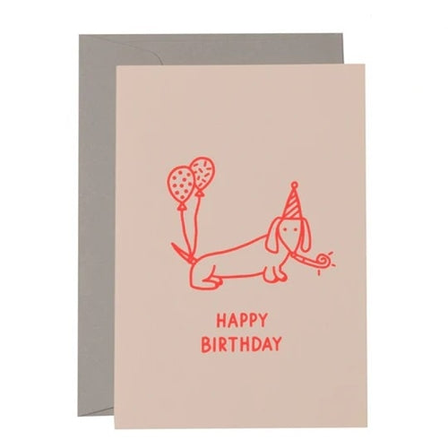 Me & Amber Me & Amber Birthday Card - Sausage Dog Birthday, Neon Coral on Blush