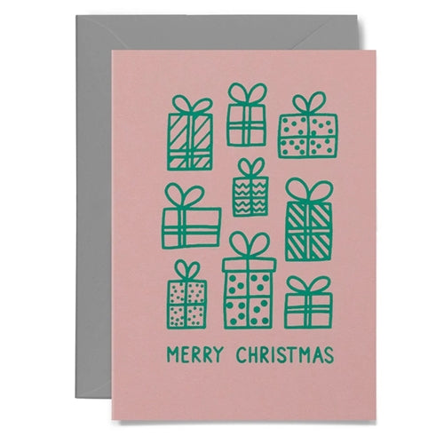 Me & Amber Me & Amber Christmas Card - Christmas Presents, Green on Pink