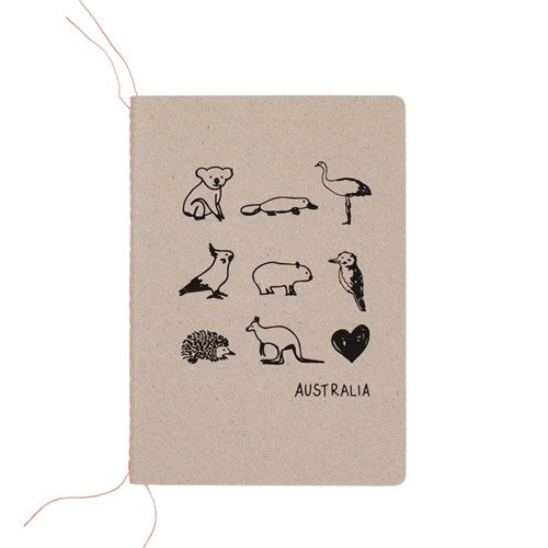 Me & Amber Me & Amber Sewn Bound Notebook - A5, Blank, Australian Animals, Black Ink on Kraft