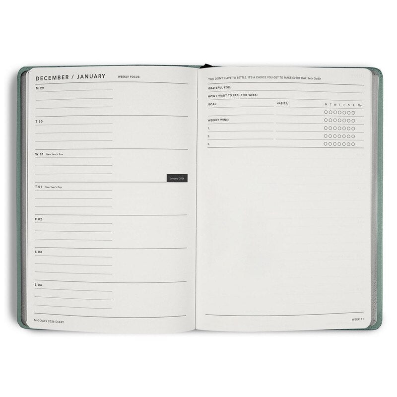 MiGoals 2026 MiGoals "From The Little Things" Weekly + Notes Diary - A5, Soft Cover, Sea Green