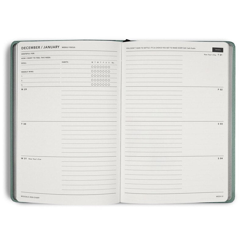MiGoals 2026 MiGoals Weekly Spread Diary - A5 - Soft Cover - Sea Green