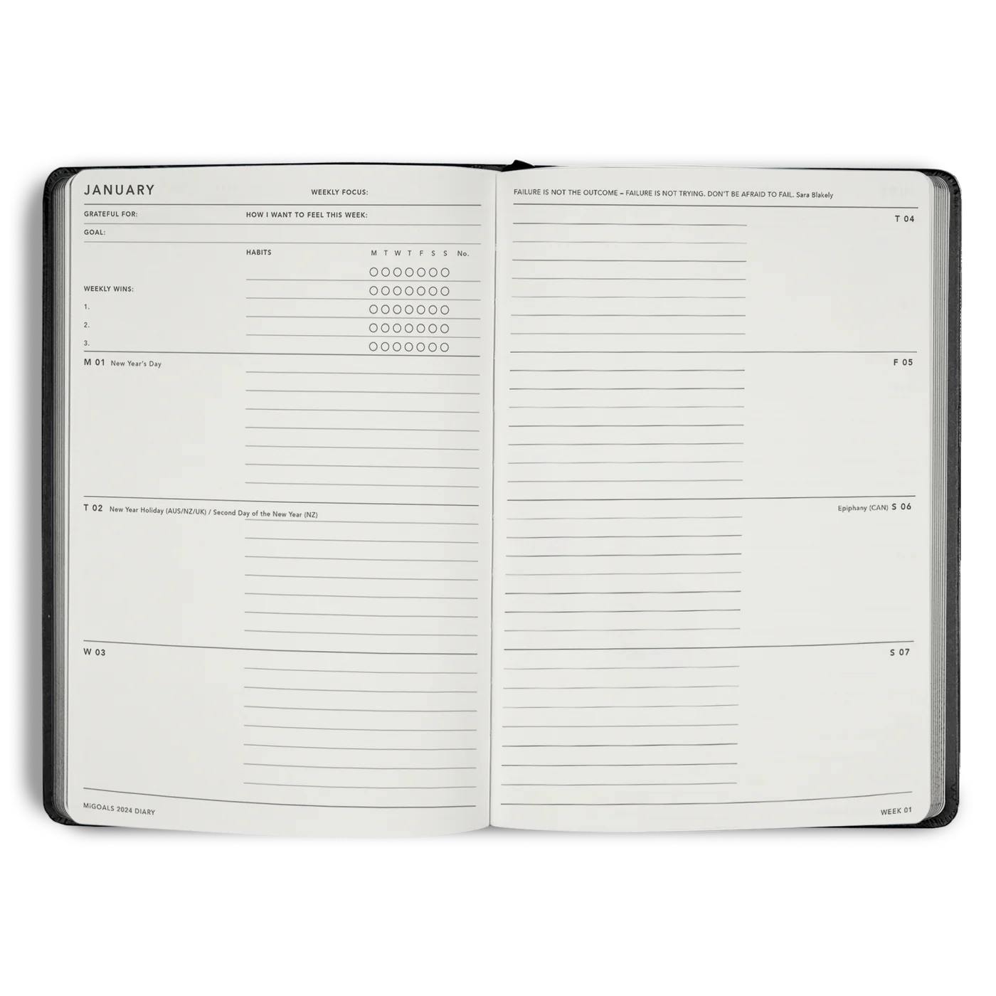 MiGoals MiGoals 2025 Softcover Diary - Week to Double Page, Large, Black