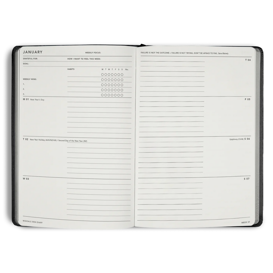 MiGoals MiGoals 2025 Softcover Diary - Week to Double Page, Large, Black