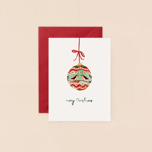 Paperpoint Louise Mulgrew Mini Christmas Card - Robin Bauble