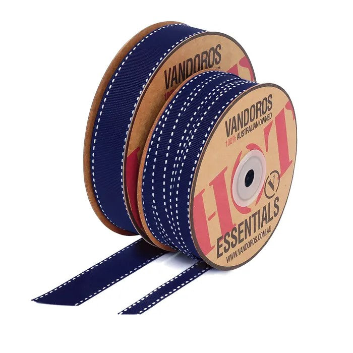 Vandoros Ribbon: 10mm Grosgrain Stitch Navy/White (per metre)