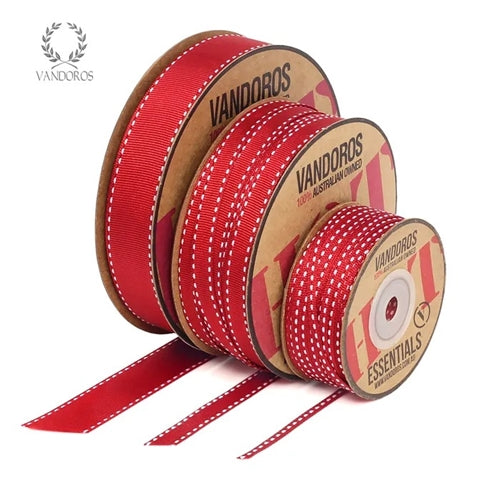 Vandoros Ribbon: 22mm Grosgrain Stitch Red/White (per metre)