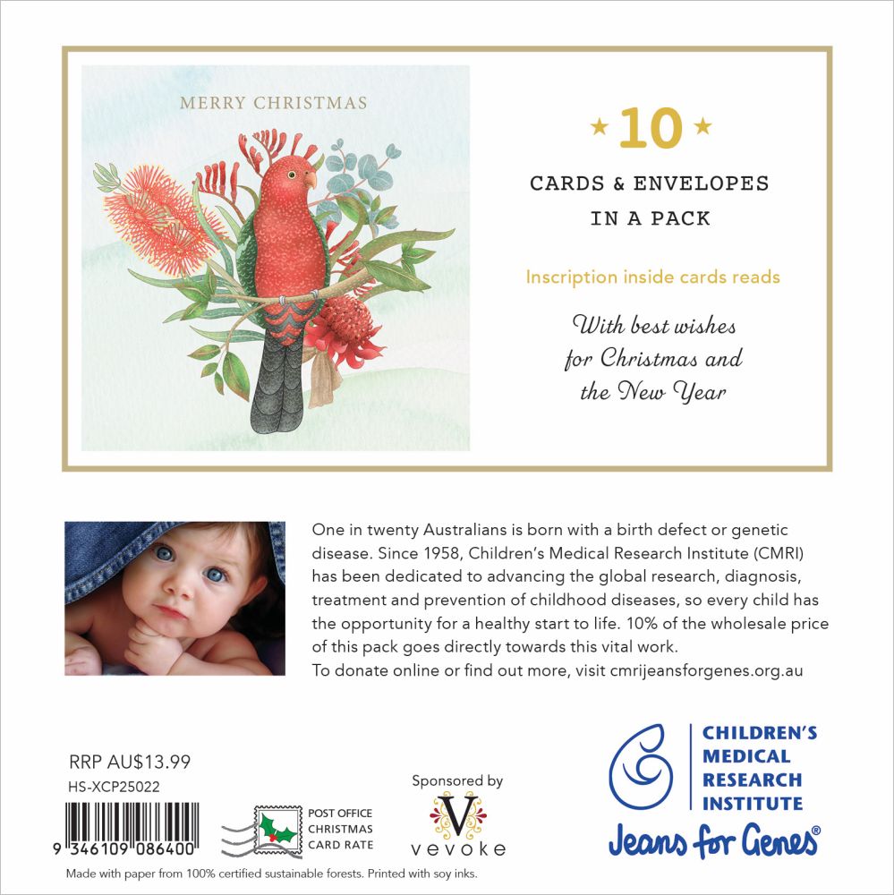 Vevoke Charity Boxed Christmas Cards - Floral King Parrot, Box of 10