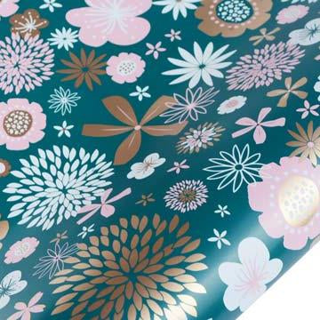 hiPP Gift Wrapping Paper - Botanica Collection Flower Burst - Teal/Pink/Gold, 5 mtrs
