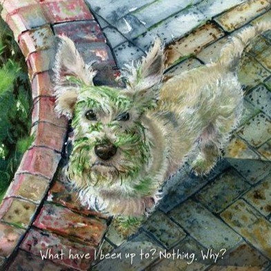 Little Dog Laughed Greeting Card - Dog Series Squares, Green Face Scottie