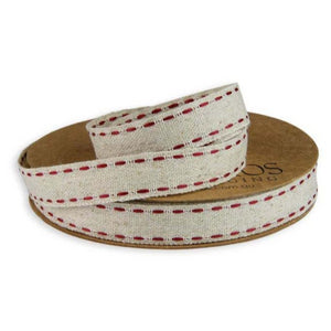 Ribbon: 15mm Double Stitch, Natural/Spice Red (per metre)