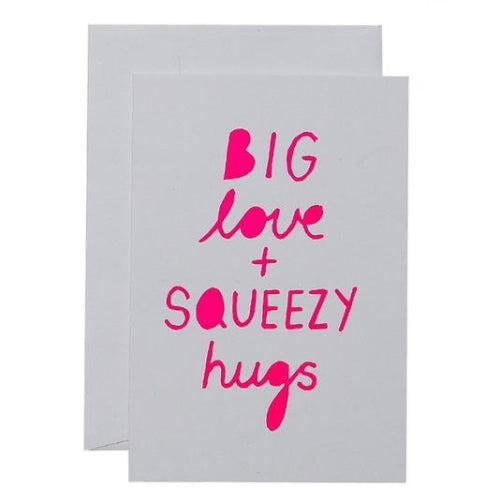Me & Amber Greeting Card - Squeezy Hugs, Neon Pink Ink on White