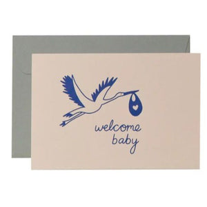 Me & Amber Baby Card - Stork, Cobalt Blue Ink on Blush