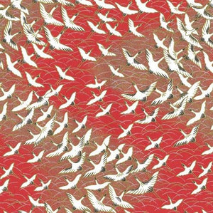 Chiyogami Paper - A4, White Cranes on Red