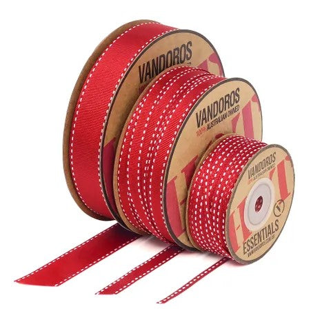Ribbon: 10mm Grosgrain Stitch Red/White (per metre)