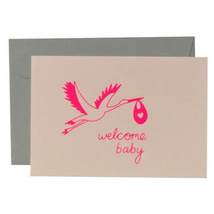 Me & Amber Baby Card - Stork, Neon Pink Ink on Blush