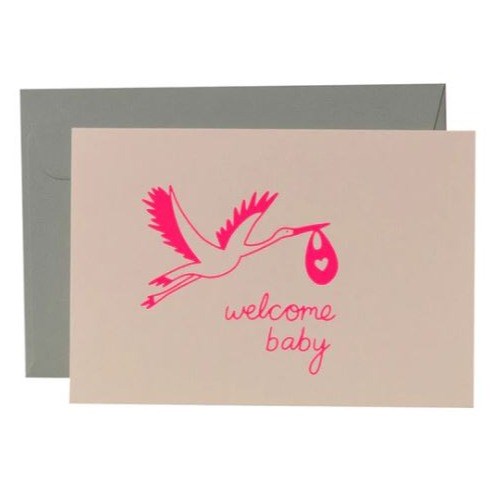 Me & Amber Me & Amber Baby Card - Stork, Neon Pink Ink on Blush