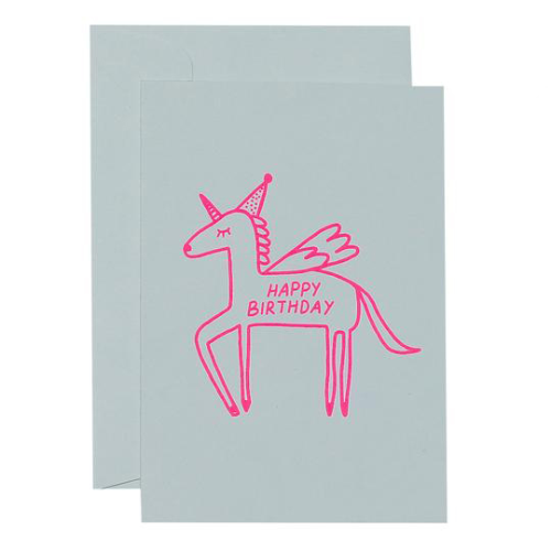 Me & Amber Me & Amber Birthday Card - Flying Unicorn, Neon Pink Ink on White