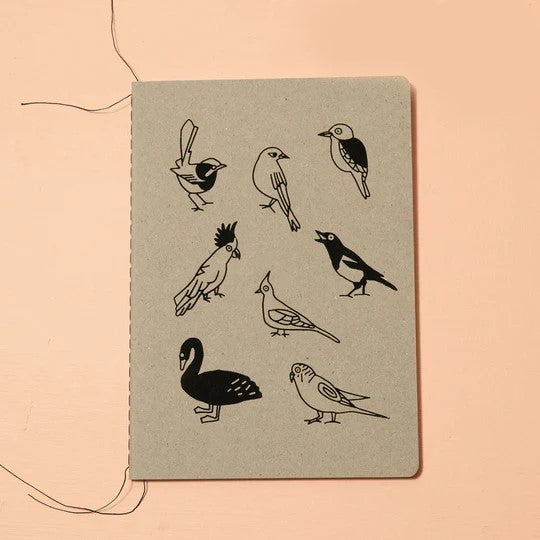 Me & Amber Me & Amber Sewn Bound Notebook - A5, Blank, Australian Birds, Black Ink on Kraft