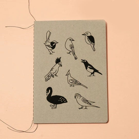 Me & Amber Sewn Bound Notebook - A5, Blank, Australian Birds, Black Ink on Kraft
