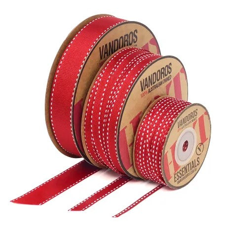 Vandoros Ribbon: 10mm Grosgrain Stitch Red/White (per metre)