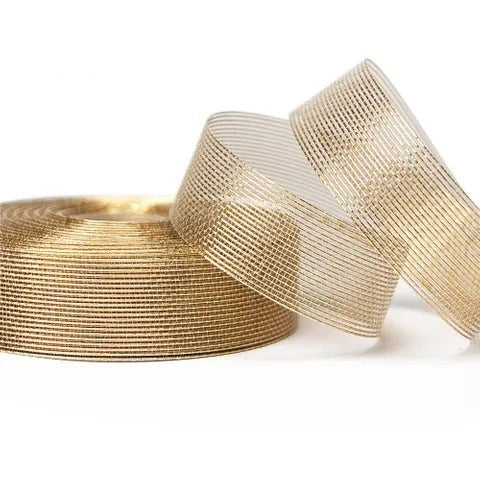 Vandoros Ribbon: 25mm Aria Metallic Mesh, Antique Gold (per metre)