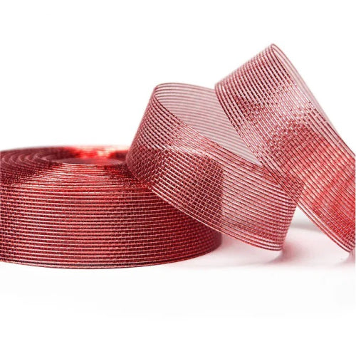 Vandoros Ribbon: 25mm Aria Metallic Mesh, Red (per metre)