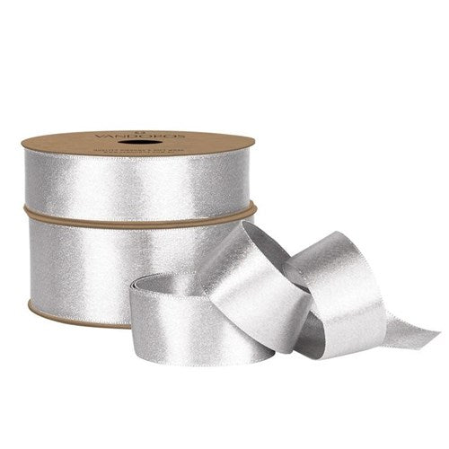 Vandoros Ribbon: 38mm Satin Pearl - White/Silver (per metre)