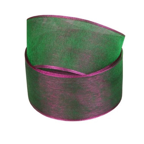 Vandoros Ribbon: 38mm Shot Spark Organza, Fuchsia/Green (per metre)