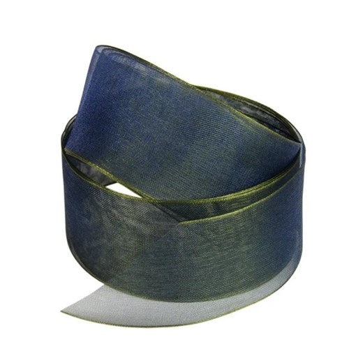 Vandoros Ribbon: 38mm Shot Spark Organza, Olive/Blue (per metre)